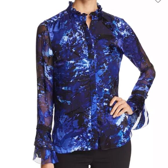 Elie Tahari Womens Teddie Printed Ruffle Neck Blouse XL Mod Fairycore Silk Blend - Picture 2 of 11